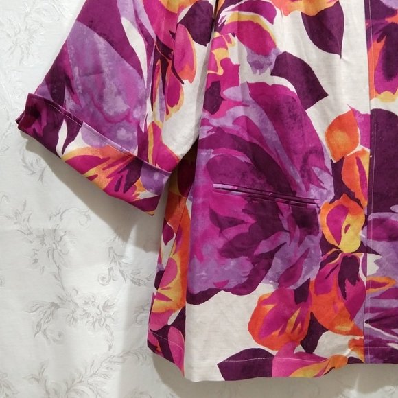 VTG 80s Linen Floral Jacket 3X Peplum Gold Button Mandarin Collar Sunset Rose - Picture 4 of 6